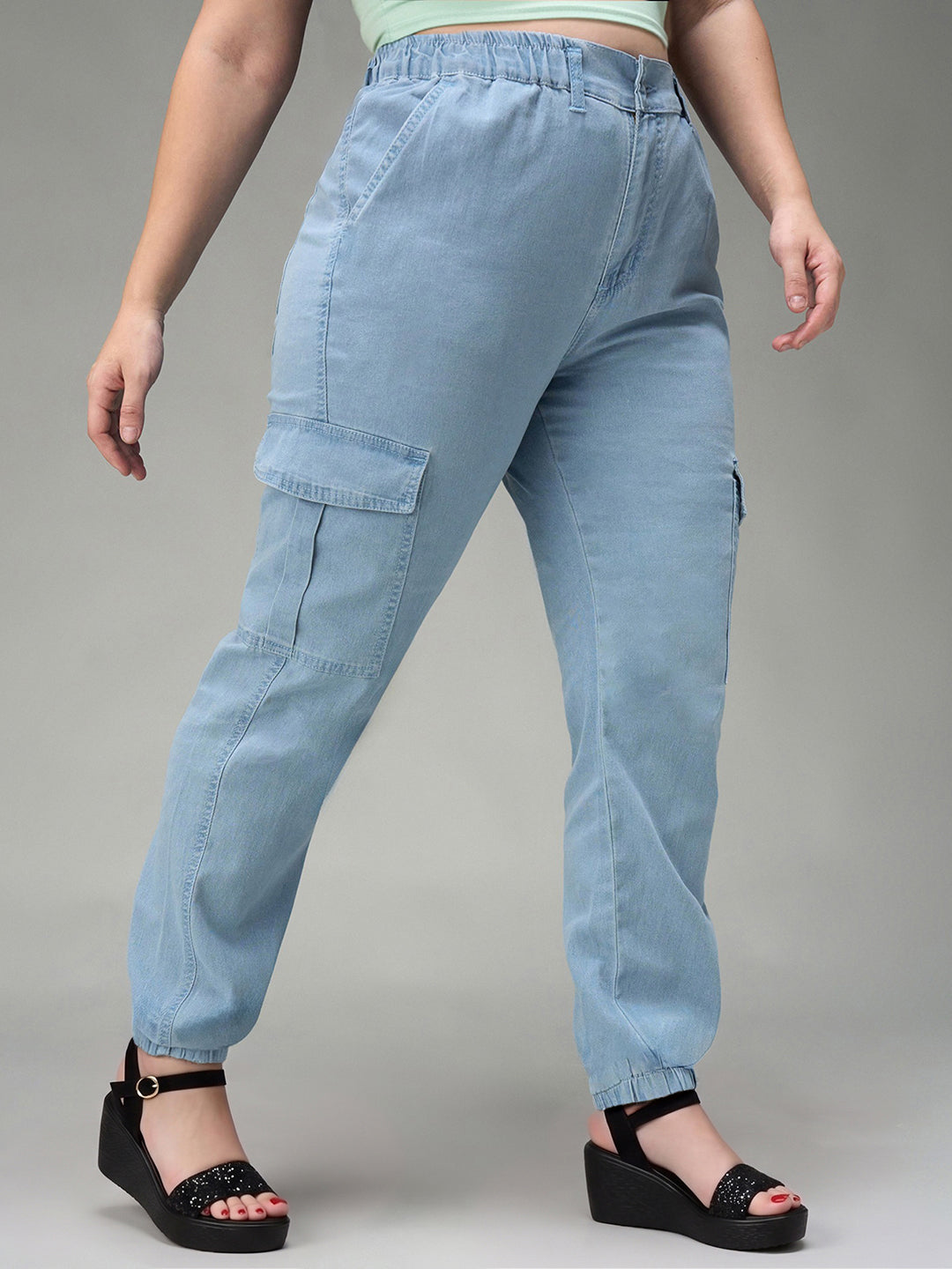 Light Blue Regular High Rise Regular Stretchable Light Weight Denim joggers for Women