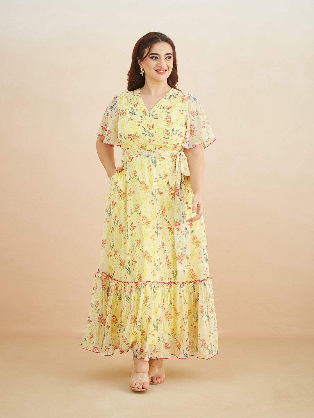 Multicolored-Base-Yellow V Neck Flared Sleeve Floral Wrap Maxi Dress for Women