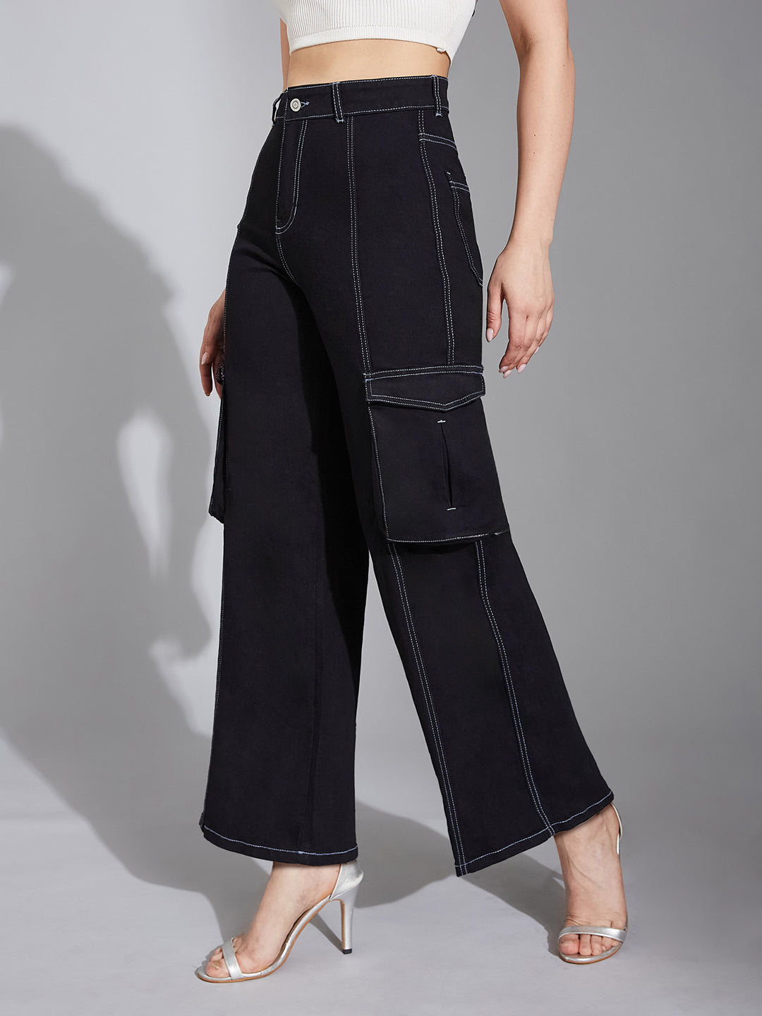 Women's Black Wide-Leg High-Rise Clean-Look Stretchable Patch-Pocketed Denim Jeans