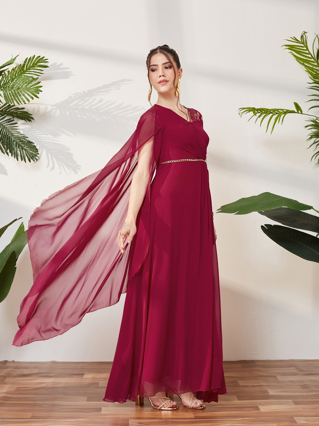 Dark Pink V-Neck Asymmetric Self-Designed Georgette Maxi Dress for Women