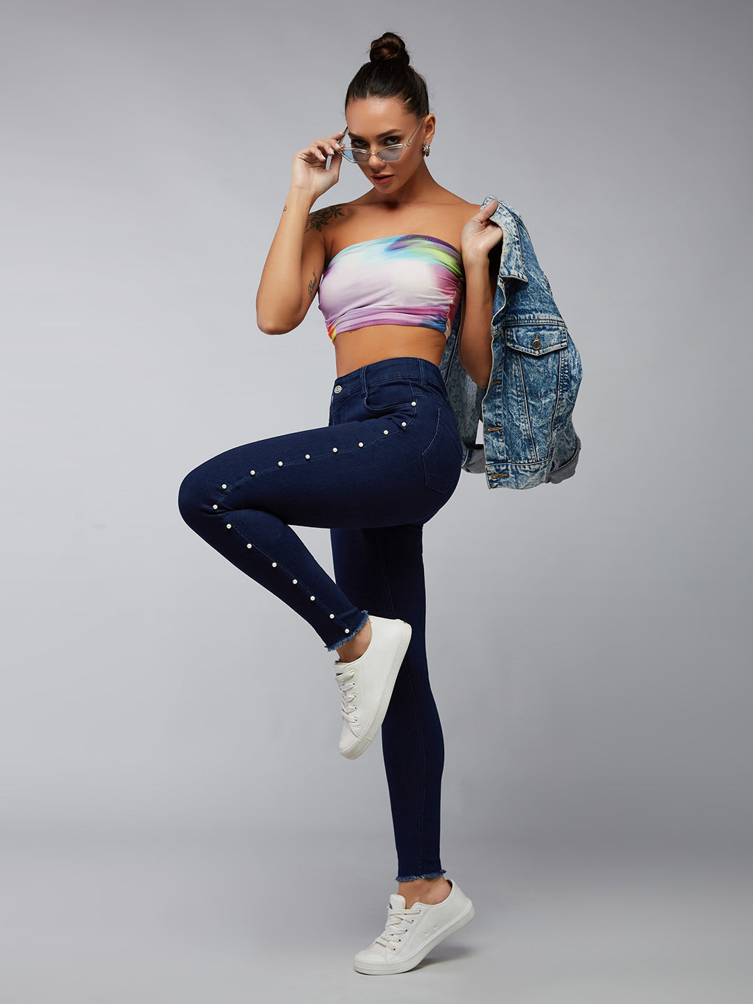 Women's Navy-Blue Cotton Skinny-Fit Cropped High-Rise Stretchable Pearl Denim Jeans