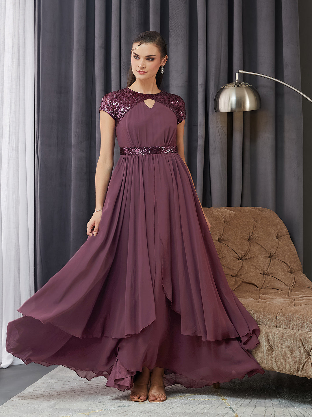 Women's Mauve Keyhole Short Sleeve Embellished Layered georgette Maxi Dress