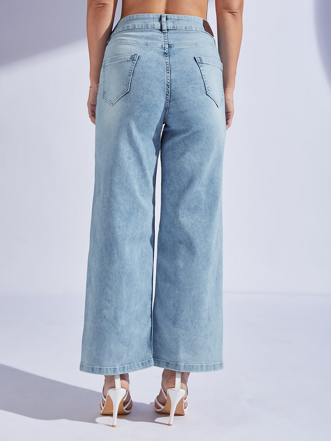 Light Blue Wide-Leg Mid Rise Clean Look Regular-Length Stretchable Denim Jeans for Women