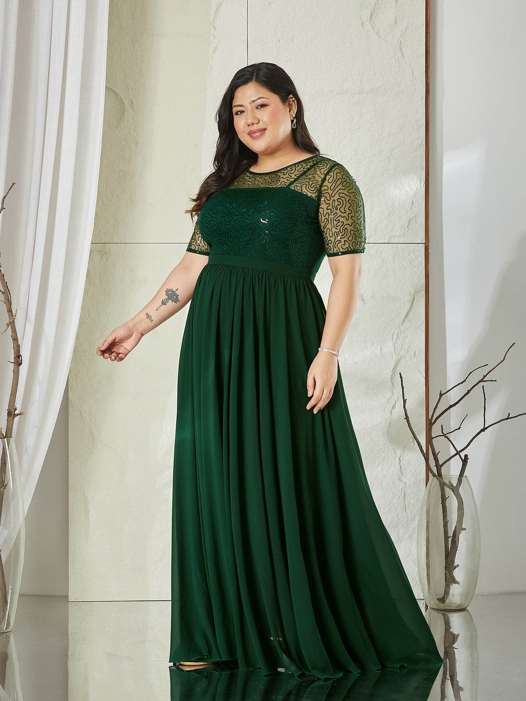 Dark Green Relaxed Fit Maxi Georgette & Sequins Dress for Women