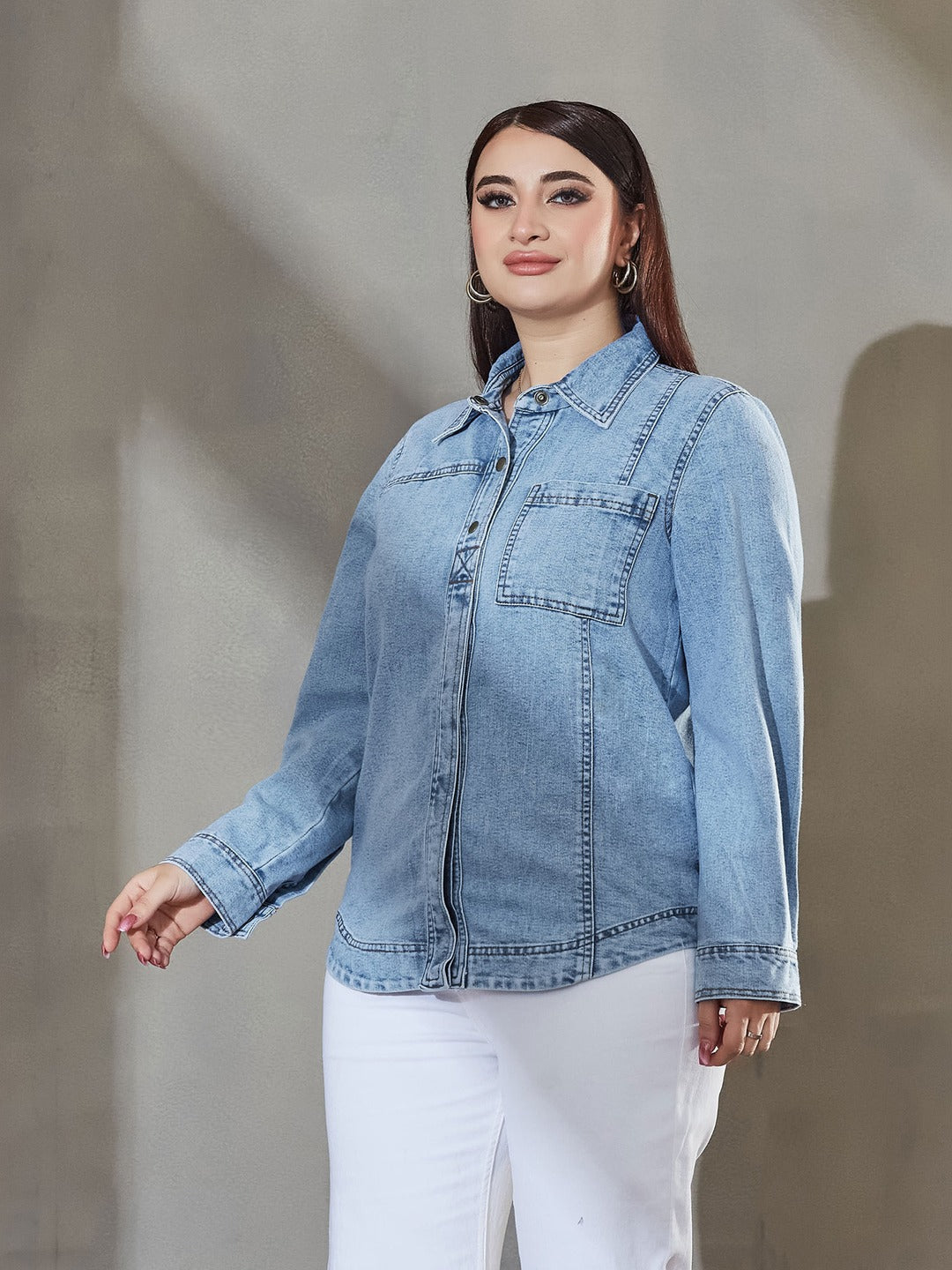 Light Blue Asymmetric Denim Shirt - Full Sleeves, Relaxed Fit, Collared for Women