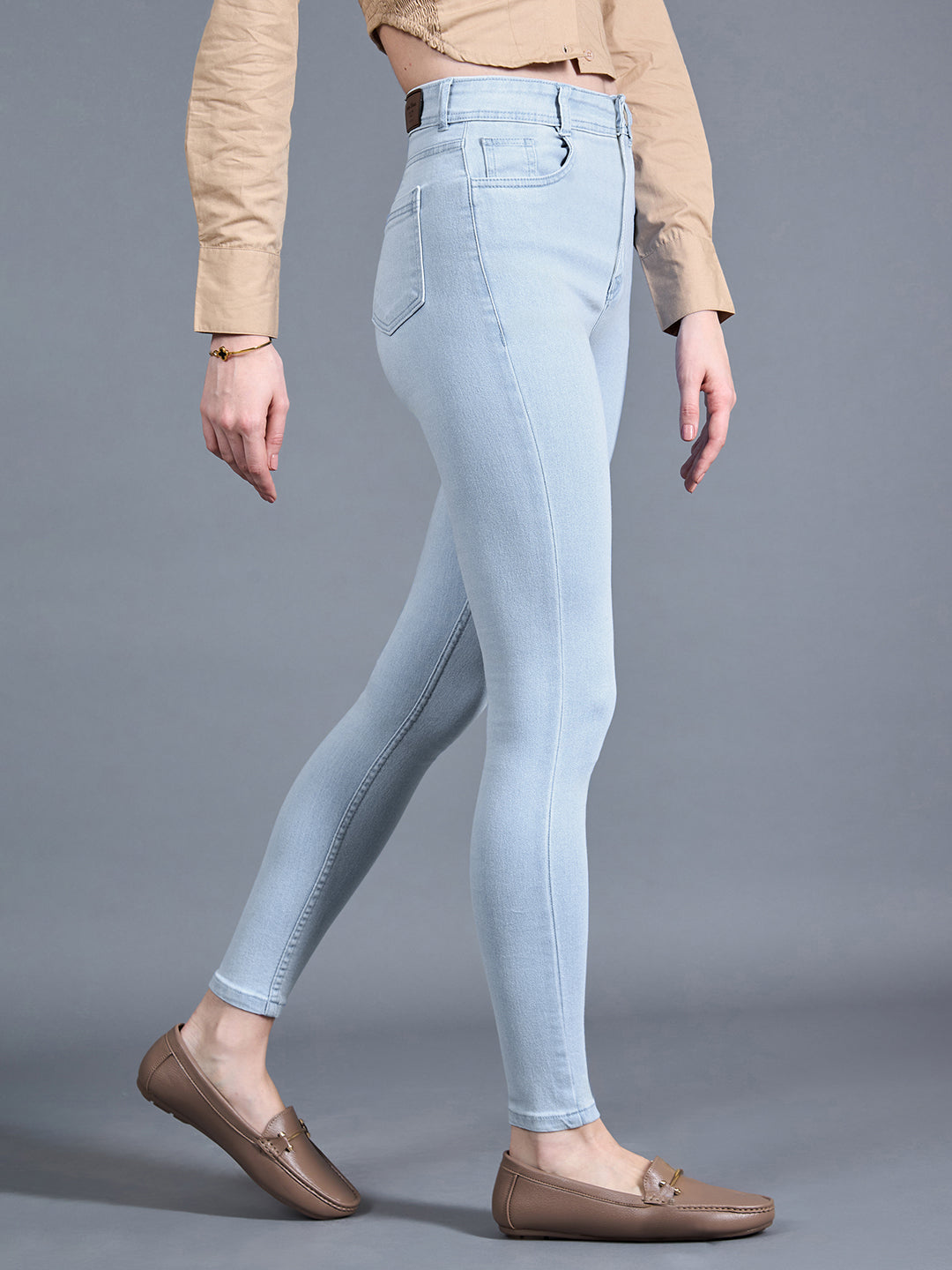 Women's Light Blue Skinny High Rise Distressed Regular Length Ice Wash Denim Jeans