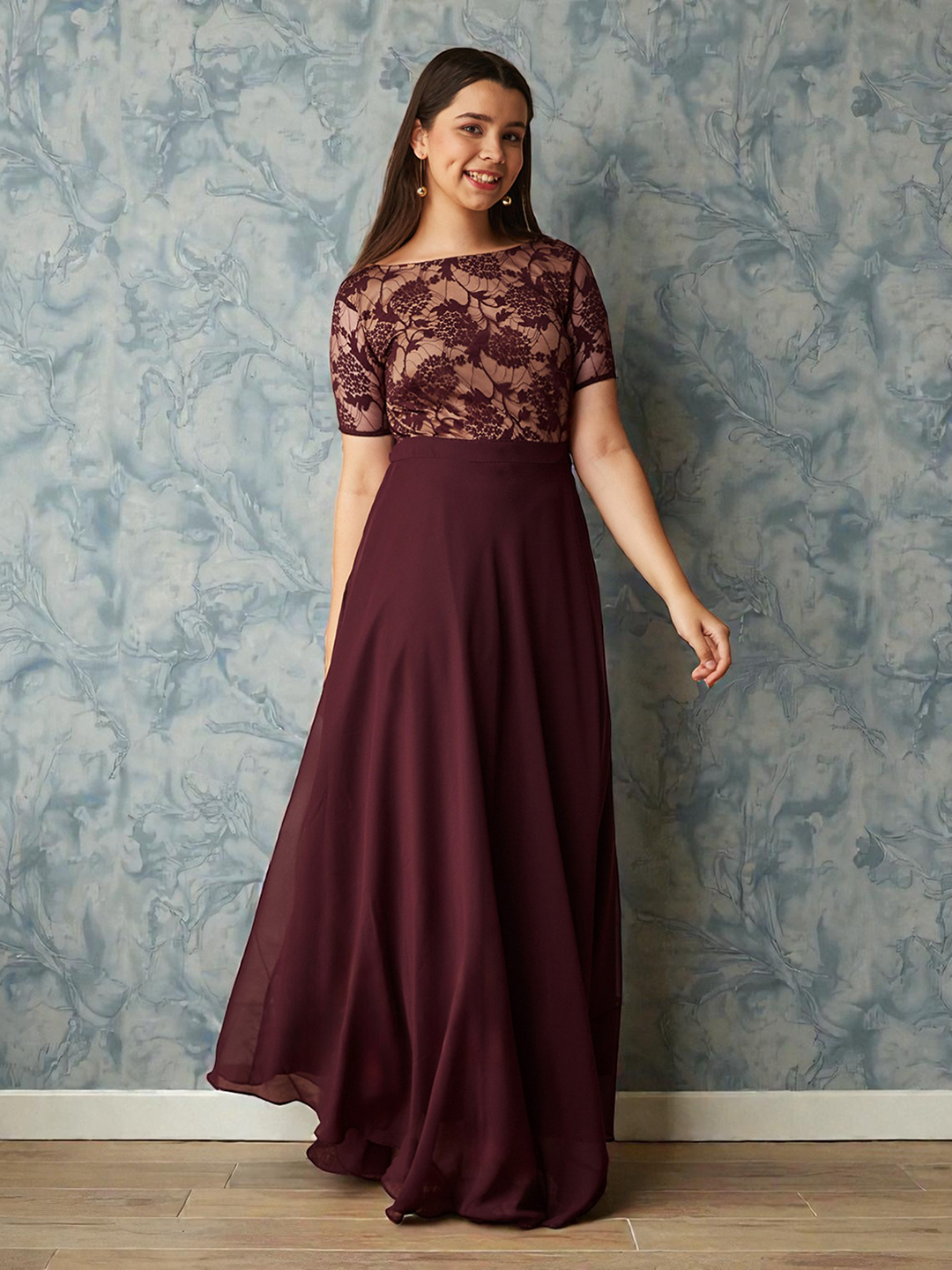 Wine & Beige Relaxed Fit Georgette Maxi Dress for Women