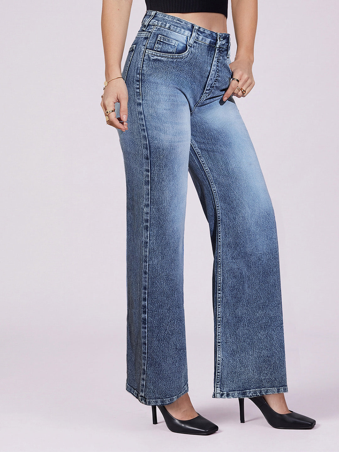 Light Blue Wide-Leg High-Rise Stretchable Denim Jeans for Women