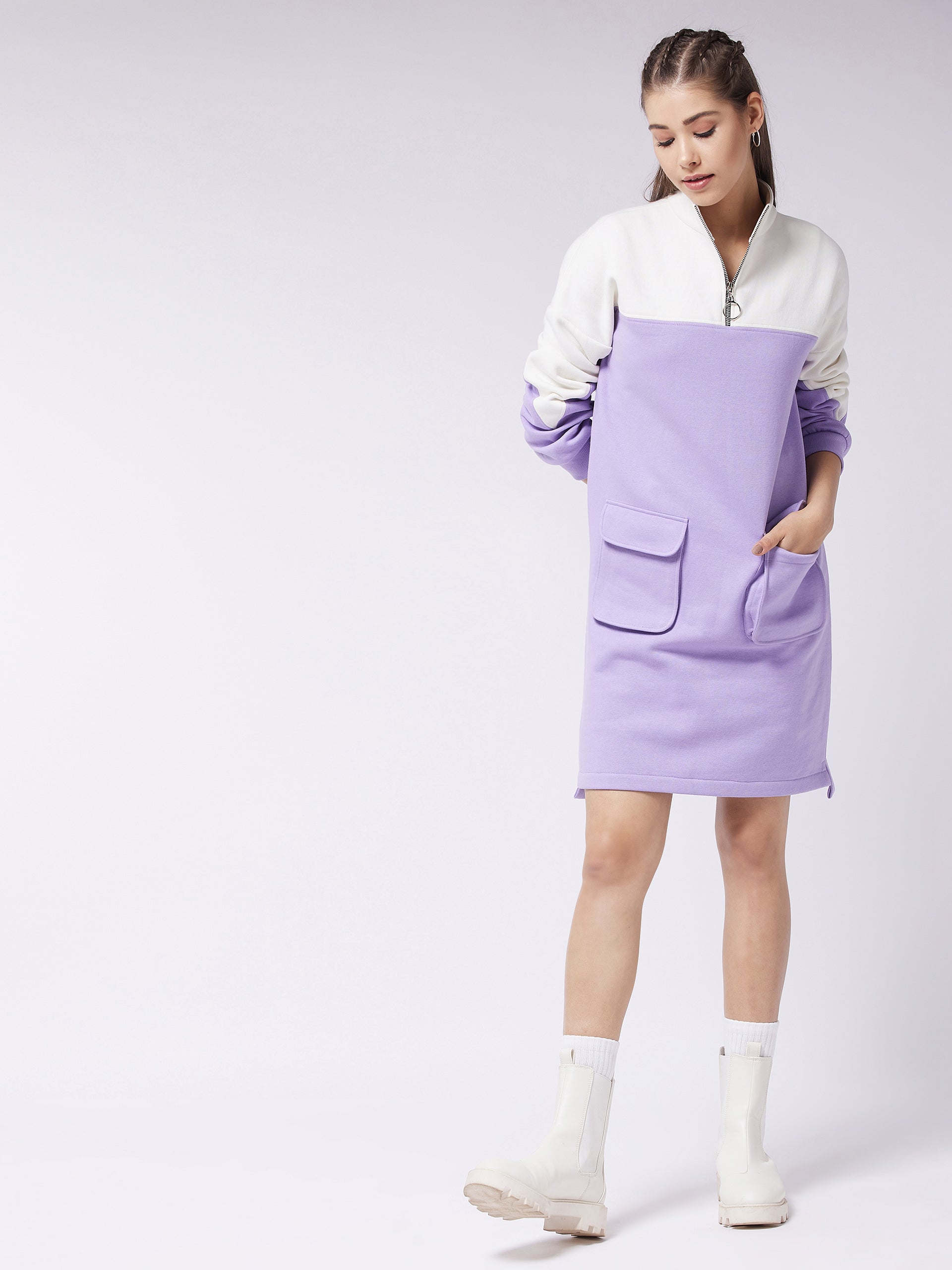 Women's Lavender & Off-White Mock Neck Full Sleeve Solid Color Blocked Knee Length Dress