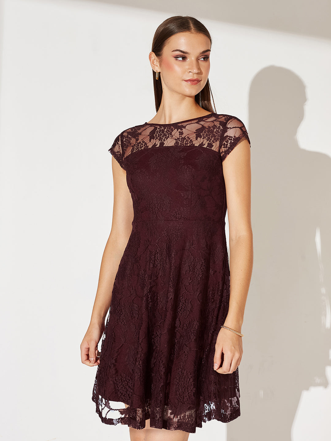 Wine Round Neck Cap Sleeves Lace Knee-Long Skater Dress for Women