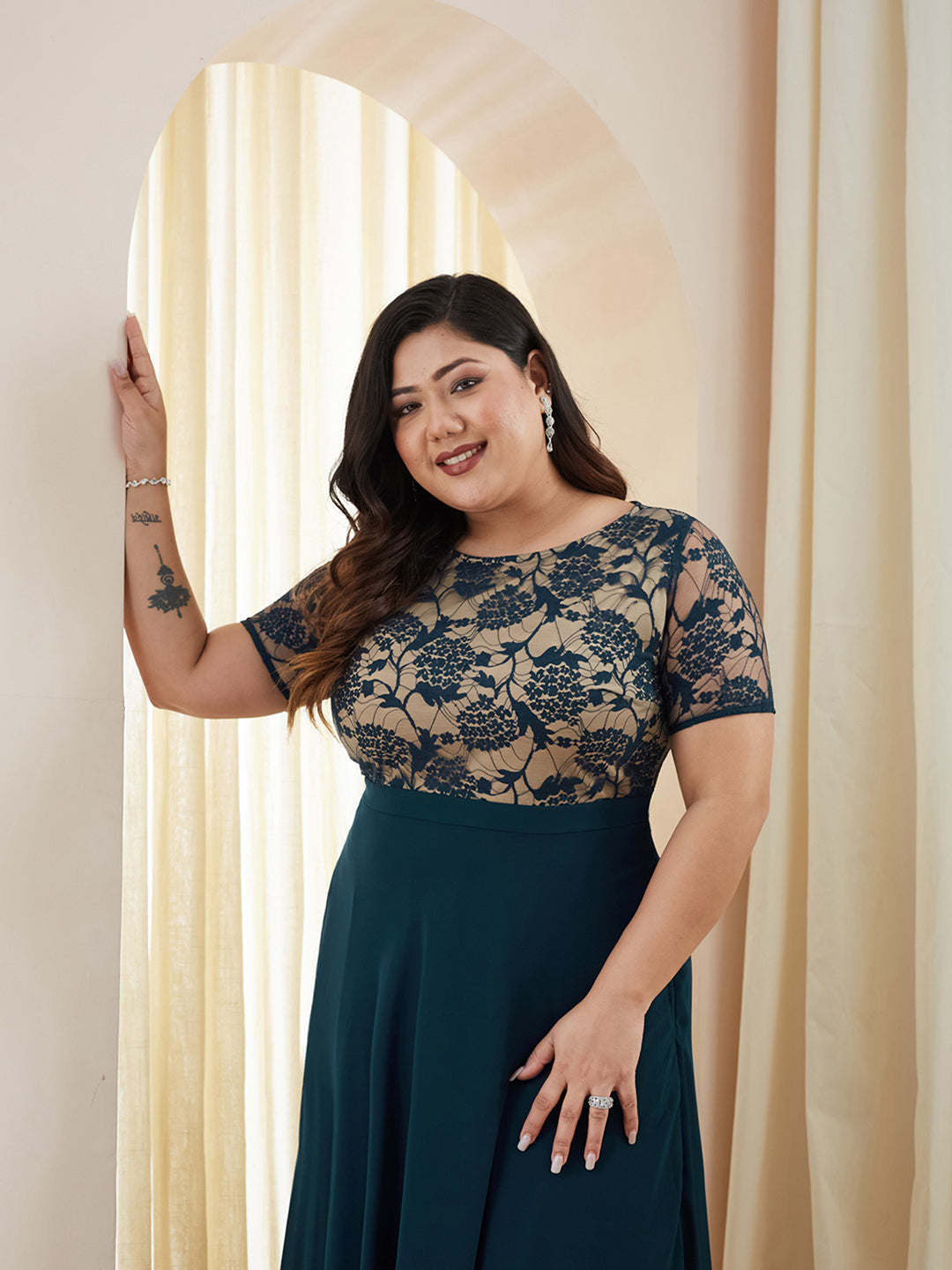 Teal Round Neck Half Sleeve Self Design Fit & Flare Georgette Maxi Dress for Women