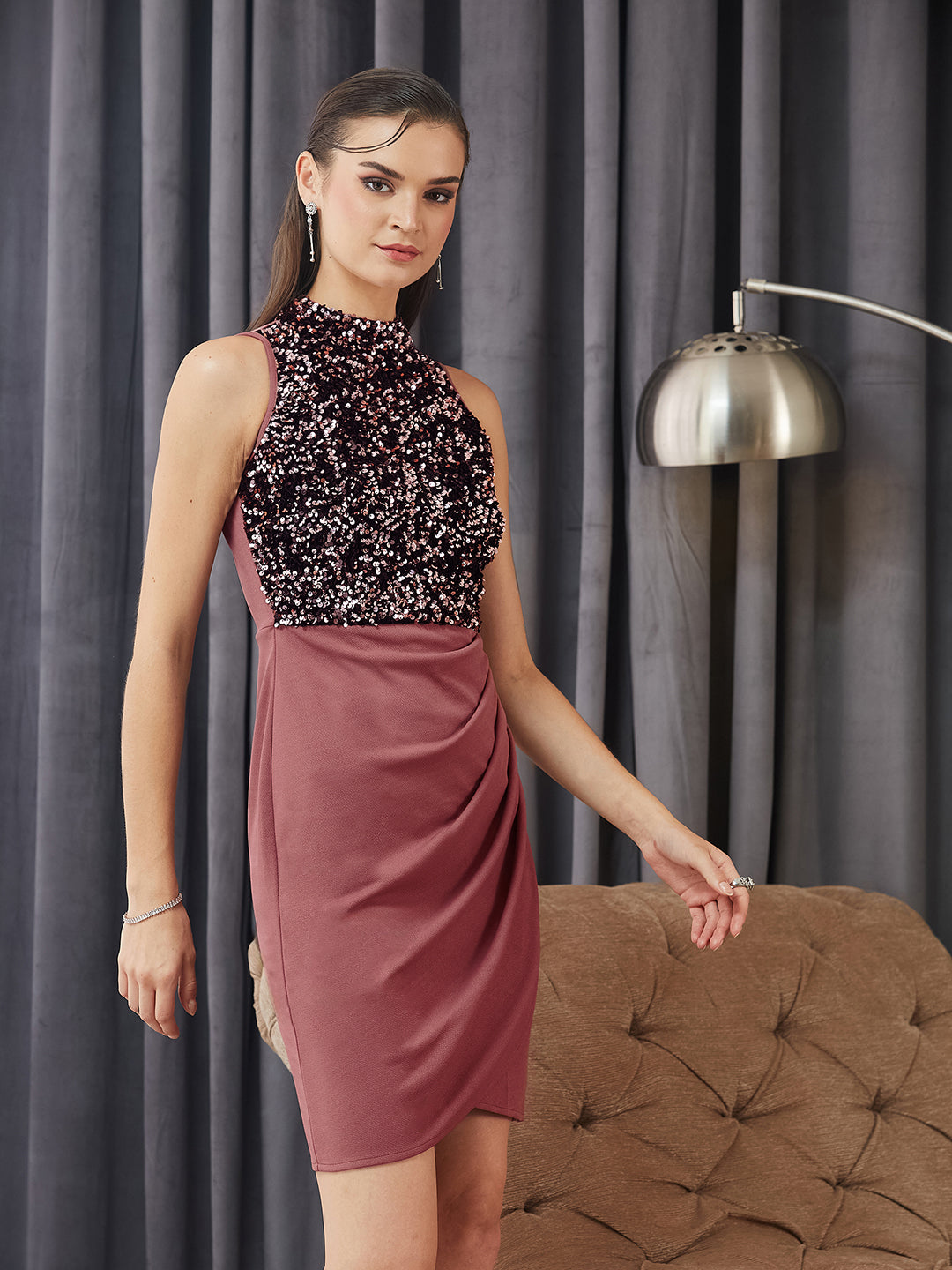 Women's Mauve Halter Neck Sleeveless Embellished Pleated Above-Knee Dress