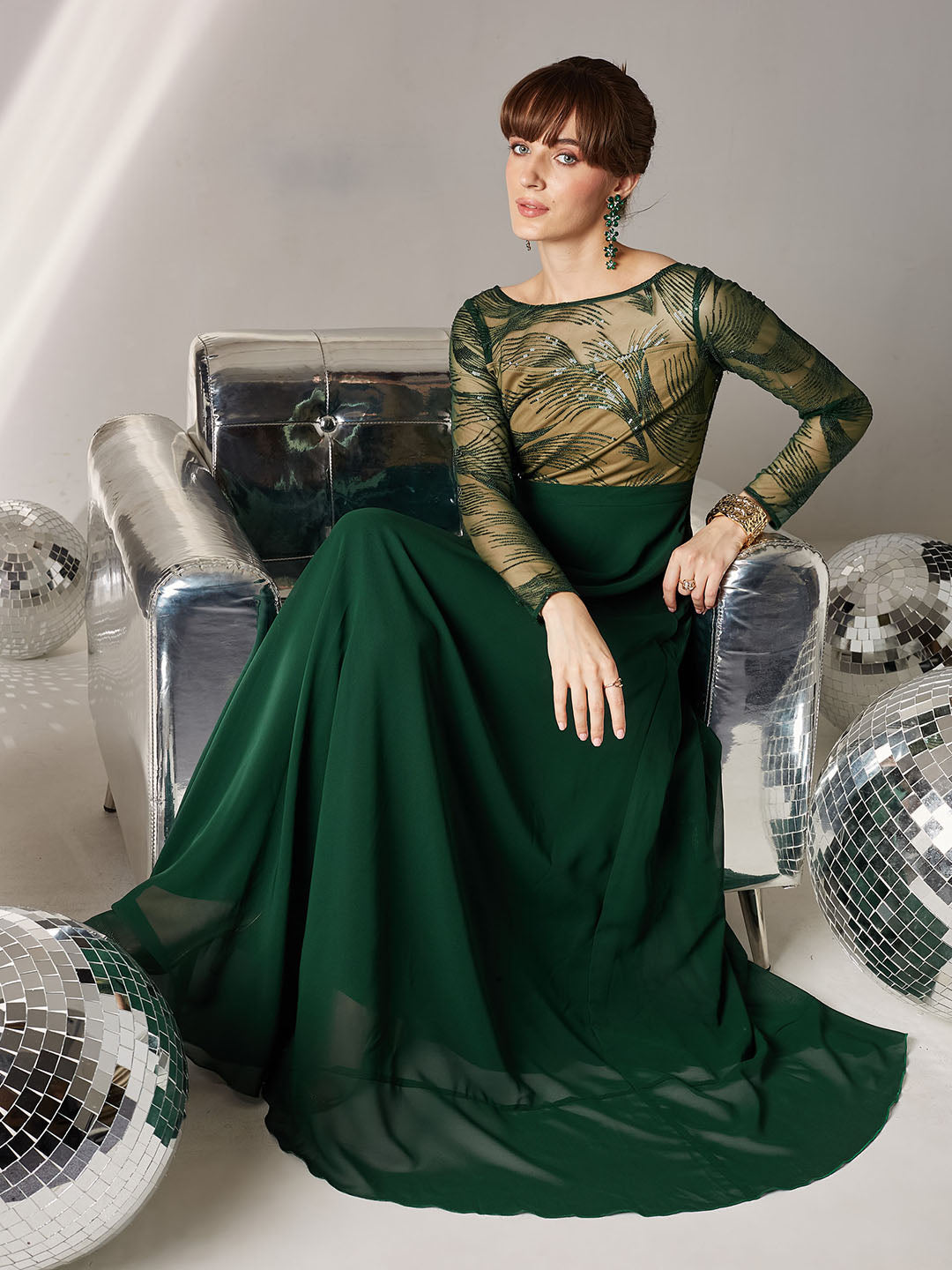 Women's Green & Beige Solid Embellished Maxi Dress