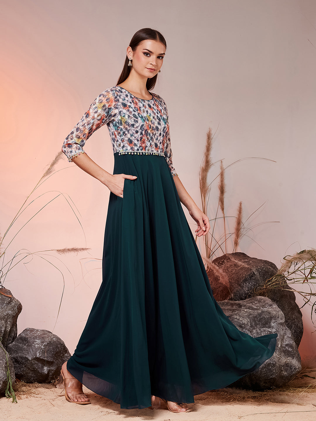 Teal Round Neck 3/4 Sleeve Embellished Embellished Maxi Georgette Ethnic Dress for Women — Miss Chase