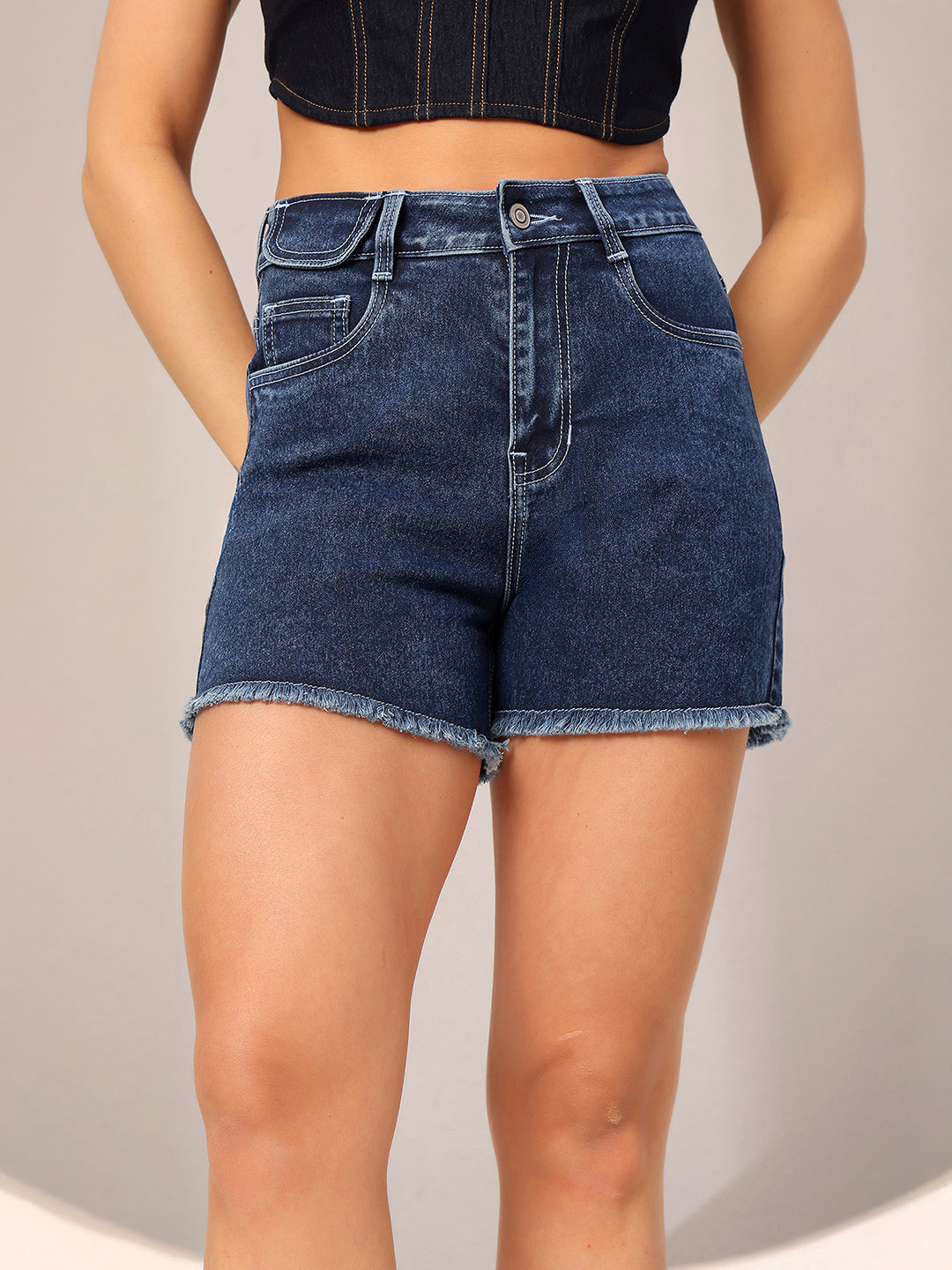Navy-Blue Relaxed Fit High-Rise Clean-Look Regular-Length Stretchable Denim Faded Shorts for Women