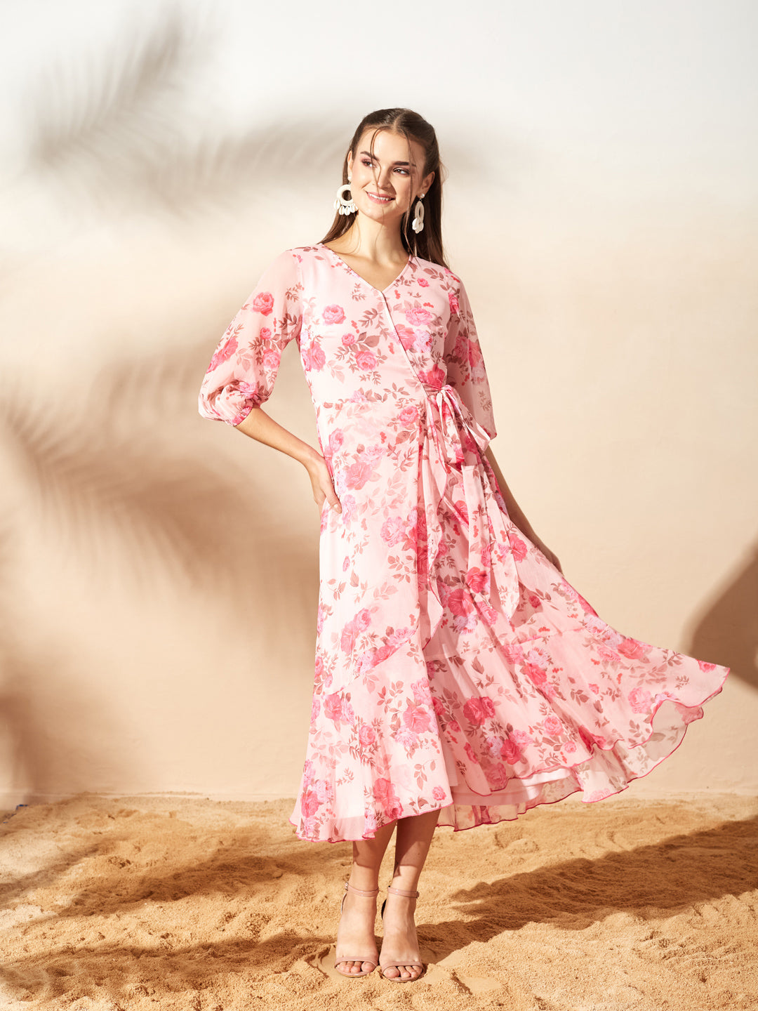 Pink Floral V-Neck 3/4 Sleeve Wrap Midi Chiffon Dress for Women