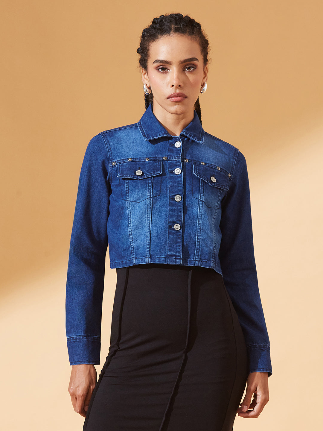 Navy-Blue Solid Polo Neck Full Sleeves Buttoned Denim Embellished Cropped Jacket for Women