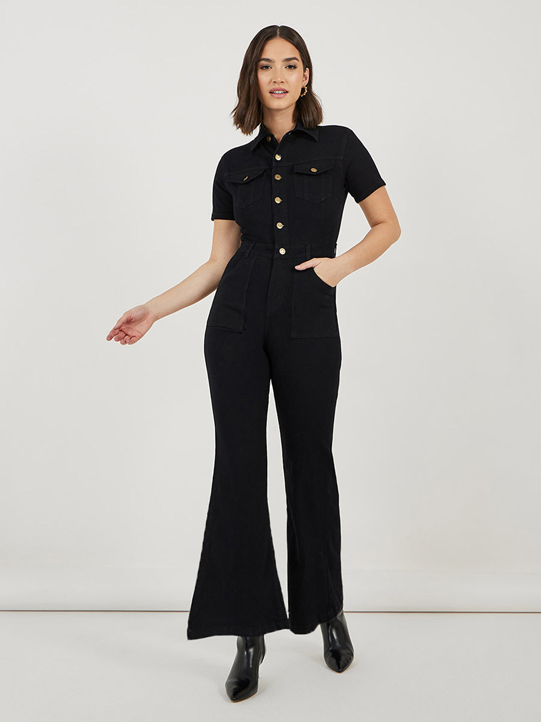 Women's Black Flared High-Rise Stretchable Denim Jumpsuit