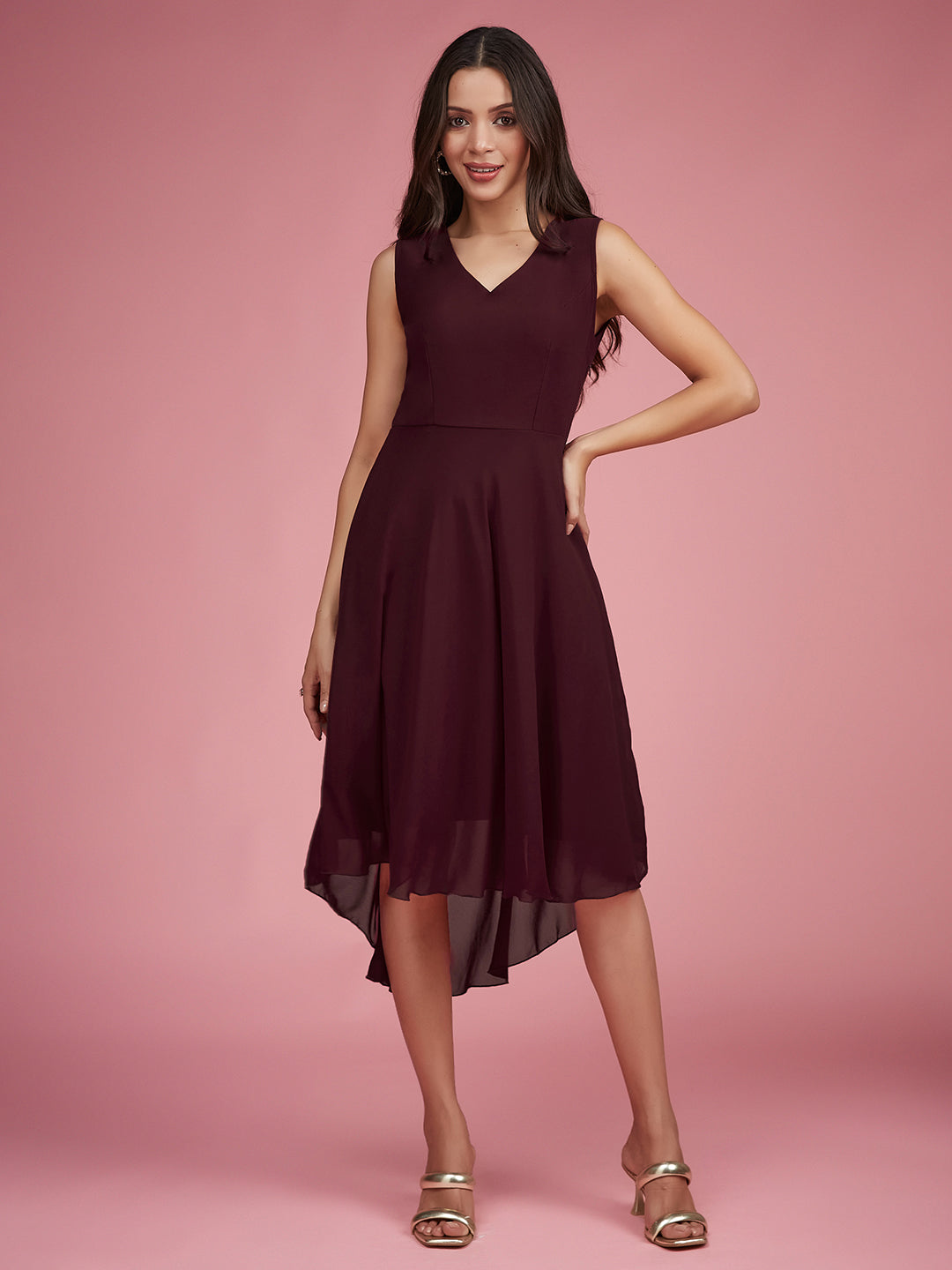 Women's Wine Red V-Neck Sleeveless Solid High-Low Midi Skater Dress