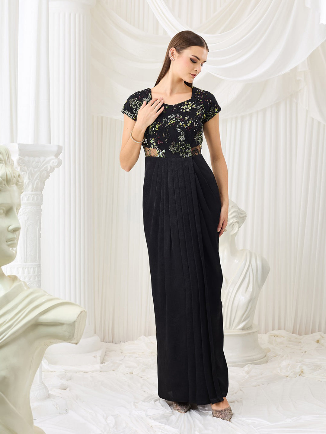Black Sweetheart-Neck Raglan-Sleeve Embellished Draped Maxi Velvet Dress for Women