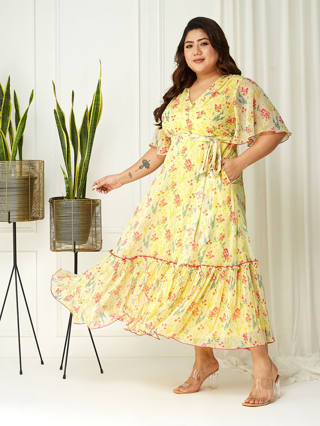 Body Bliss Multicolored-Base-Yellow Floral Wrap Maxi Dress