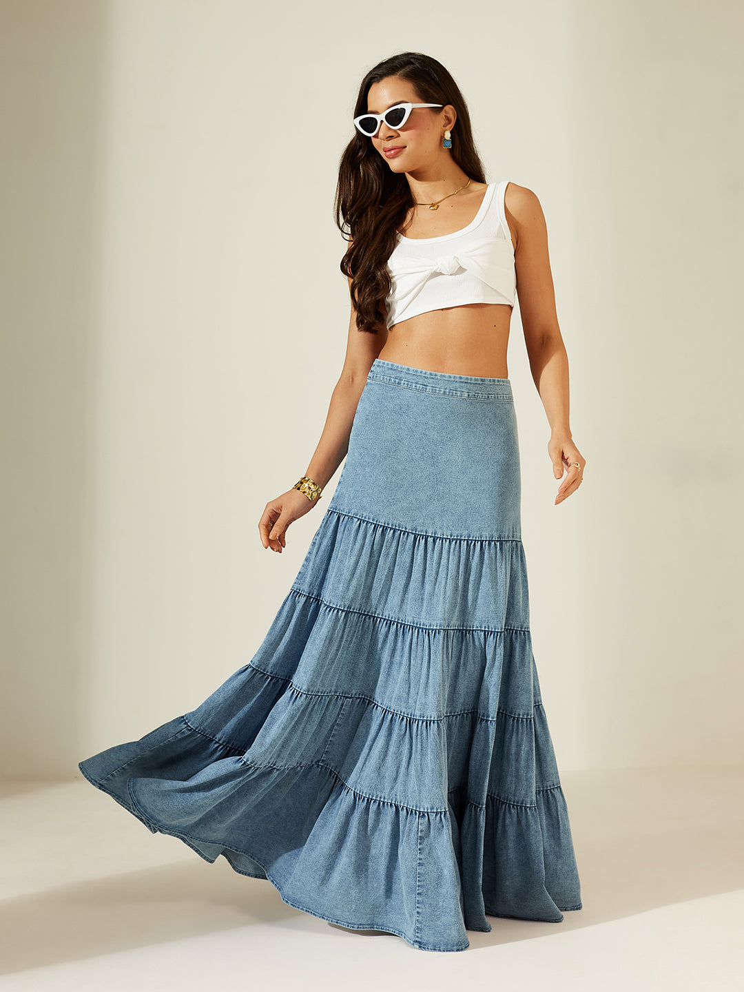 Women’s Light-Blue High-Rise Gathered Maxi Denim Skirt with Tiered Design for Women