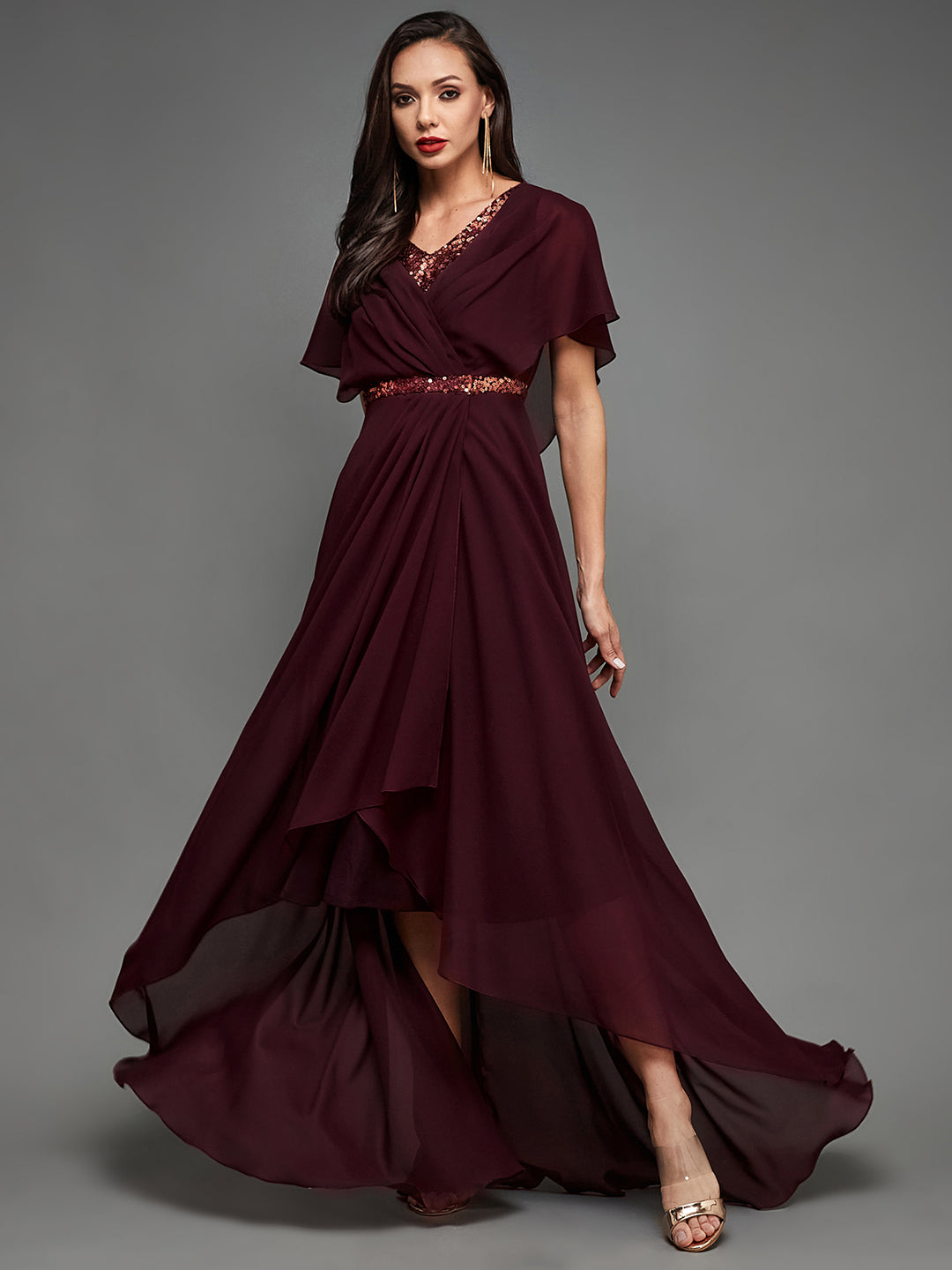 Women's Cocktail Wine Sequined V-Neck Cape Georgette Pleated Relaxed Fit party Maxi Dress