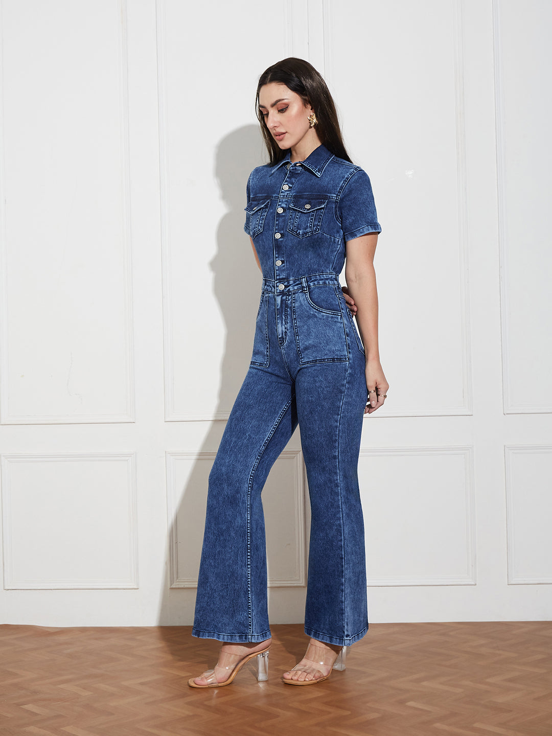 Navy Blue Flared High-Rise Regular Stretchable Denim Jumpsuit for Women