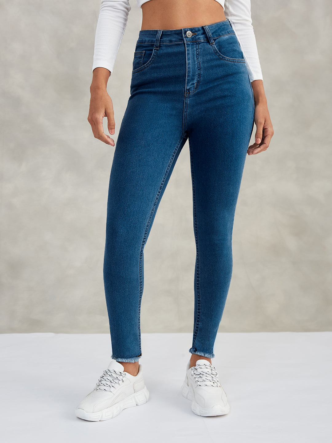 Women's Blue Skinny High-Rise Cropped-Length Fringe Detailing Stretchable Denim Jeans