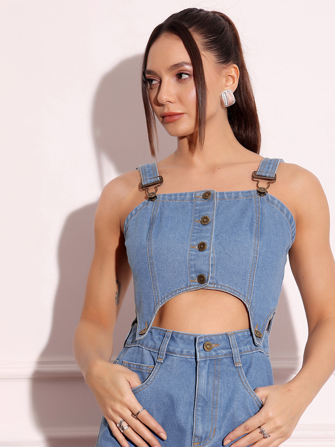 Women's Blue Square Neck Sleeveless Solid Pinafore Detachable Midi Denim Co-Ord Set