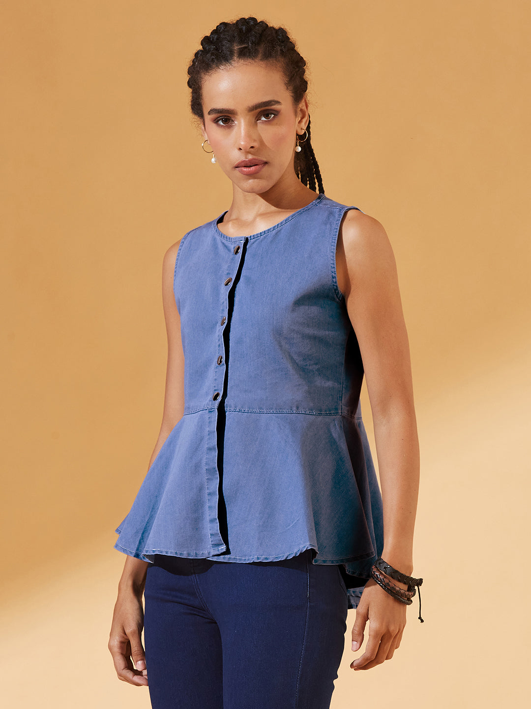 Blue Round Neck Sleeveless Denim Front Open Solid Hooded Peplum Top for Women