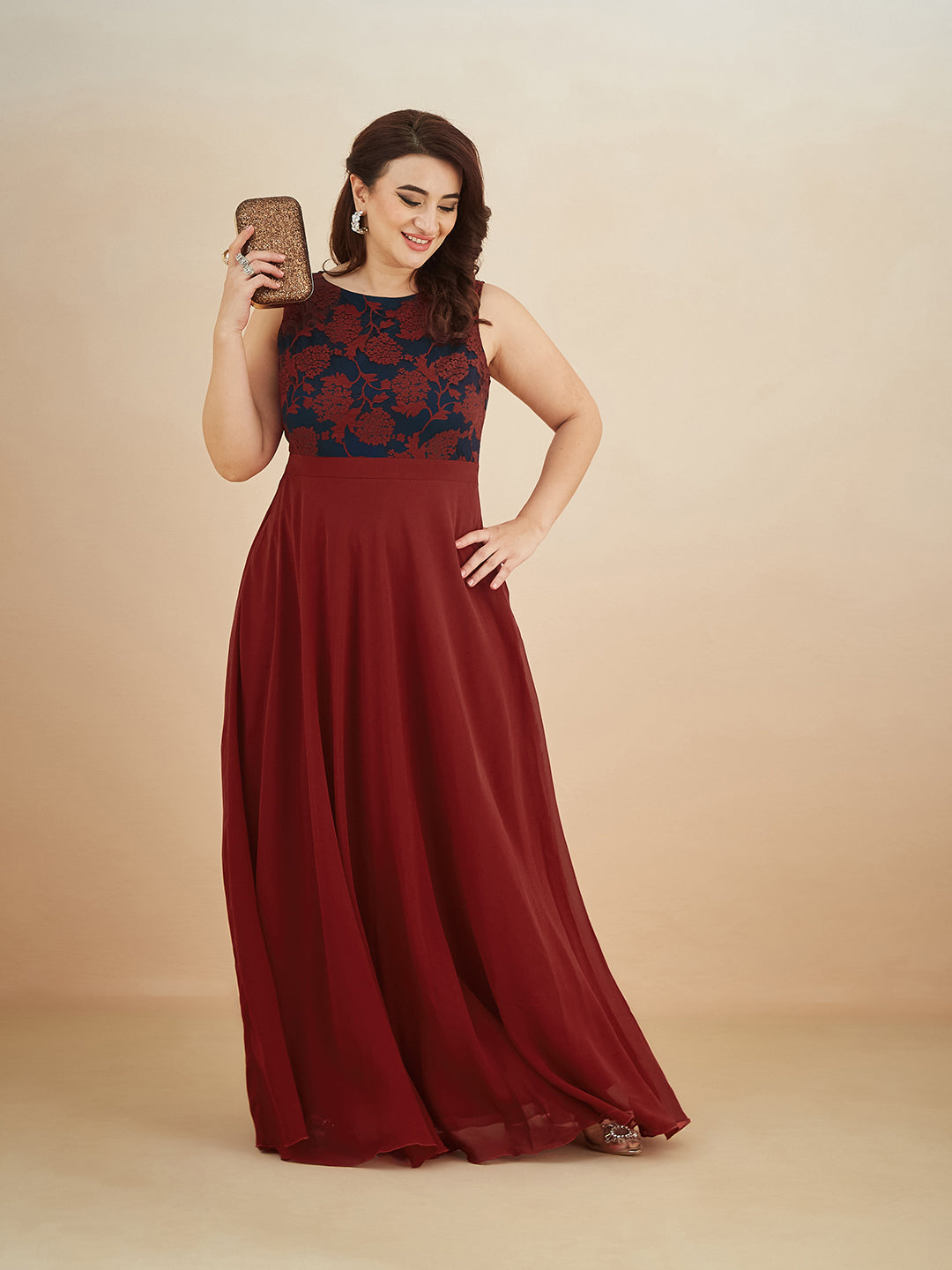 Maroon & Teal Boat-Neck Sleeveless Self Design Lace Overlaid Maxi Dress for Women