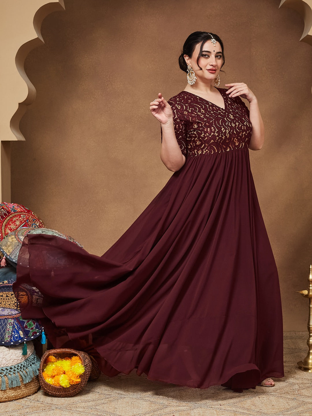 Wine V-Neck Half Sleeve Self Designed Wrap Georgette Maxi Dress for Women