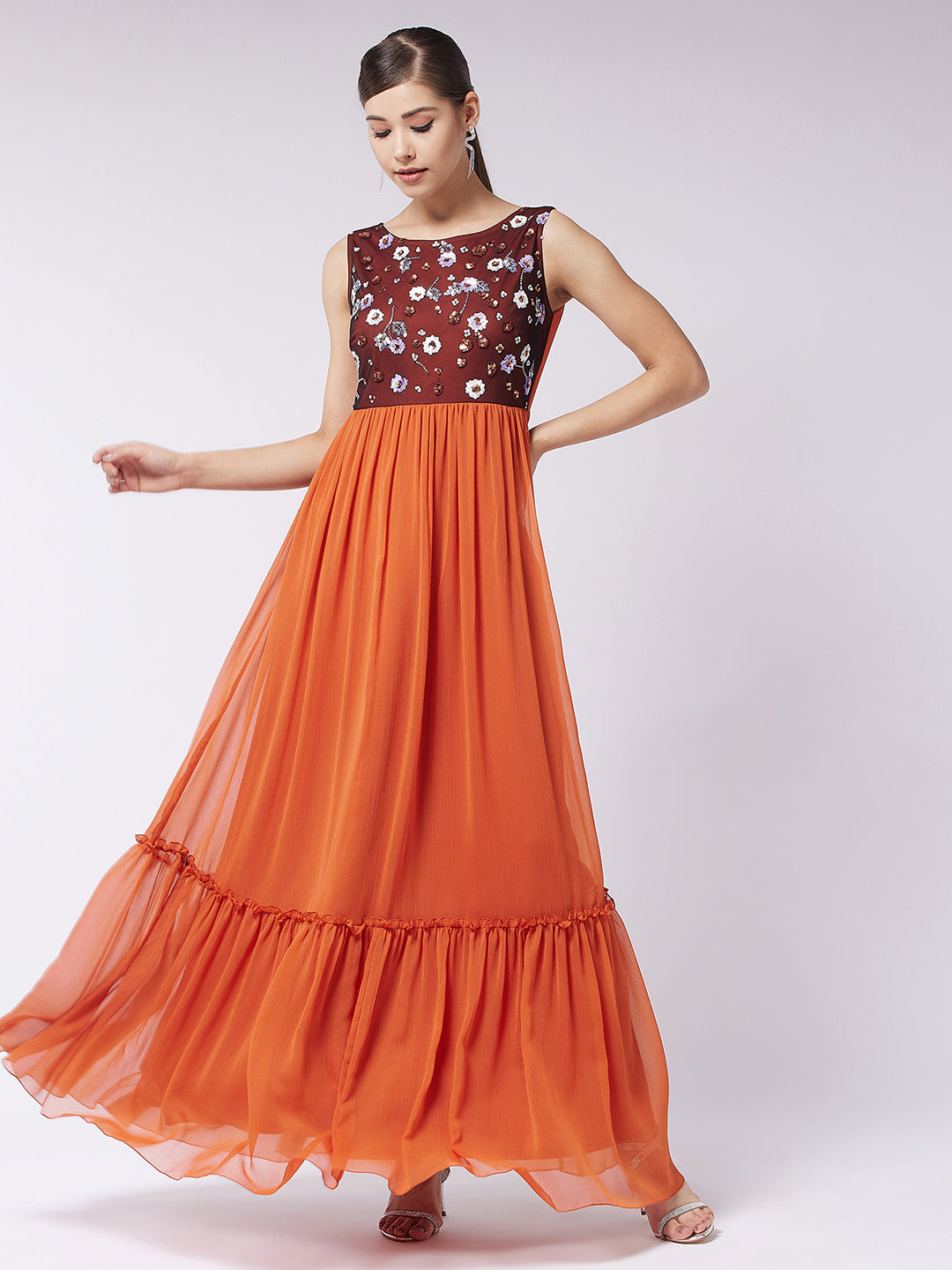 Rust Sleeveless Fit and Flare Sequinned Maxi Dress Long Dress Gown Frock for Women | Haldi Hues