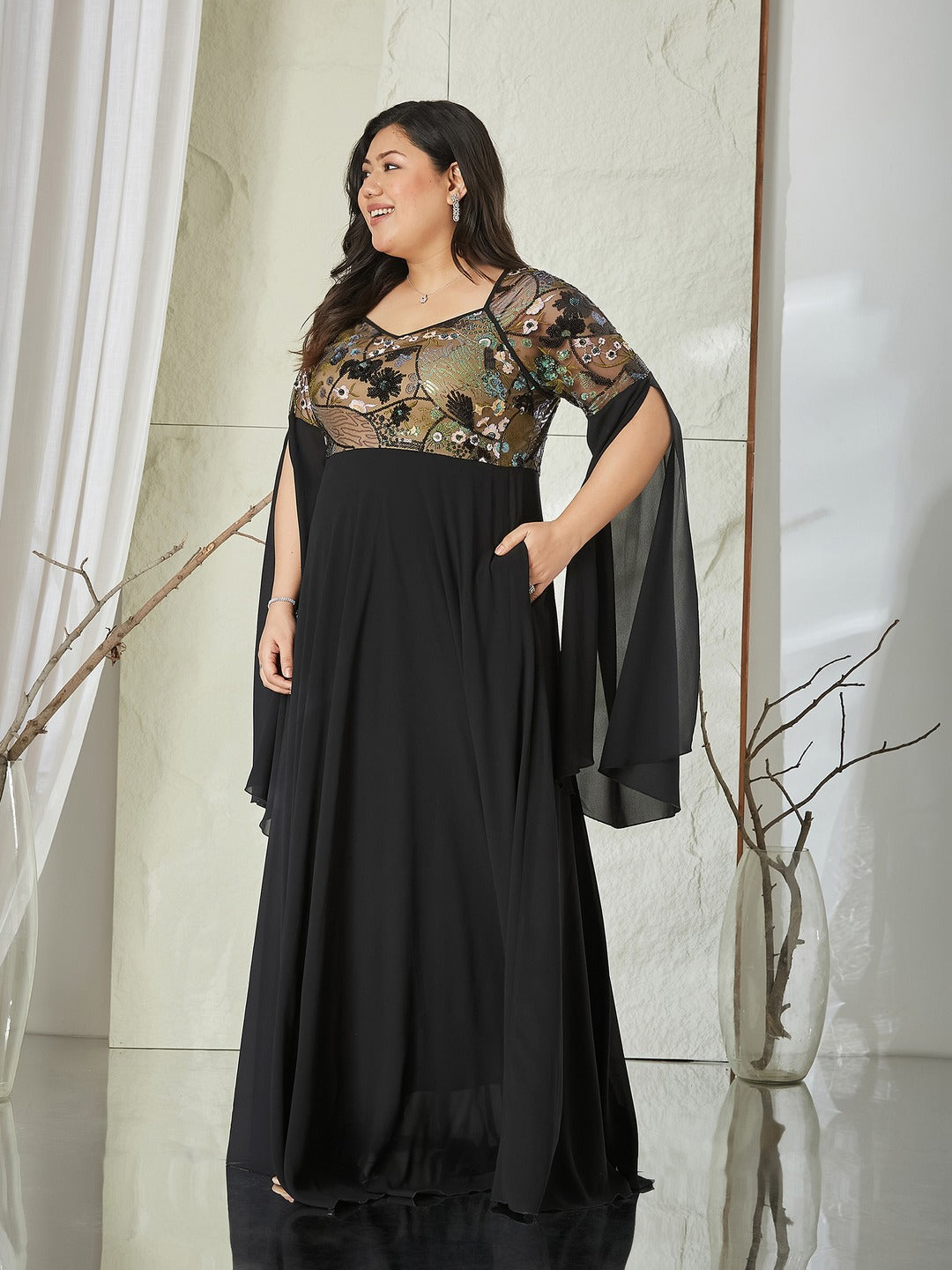 Black Sweet-Heart Full Sleeve Embellished Slit Sleeve Maxi Georgette Dress for Women