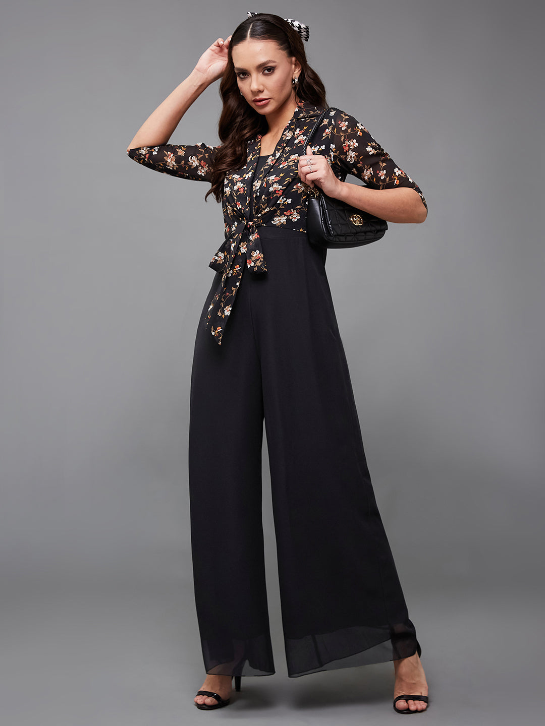 Women's Multicolored-Base-Black Round Neck 3/4 Sleeve Floral Jacket Style Georgette Regular-Length Jumpsuit