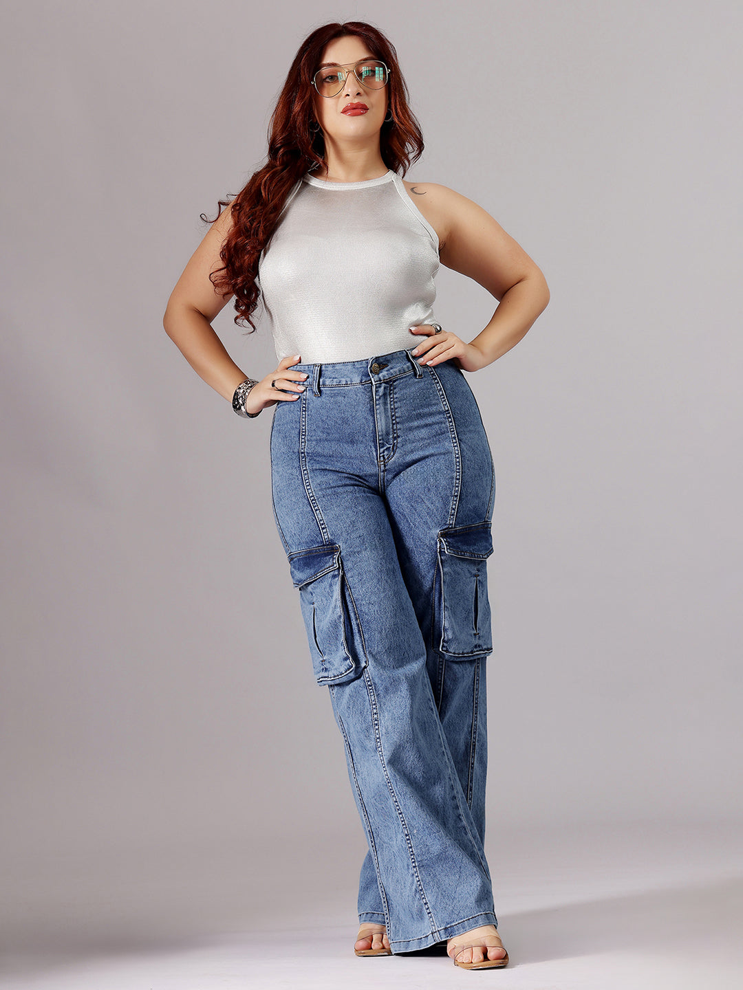 24/7 Comfort Blue Wide-Leg High-Rise Clean-Look Regular-Length Stretchable Patch-Pocketed Denim Jeans