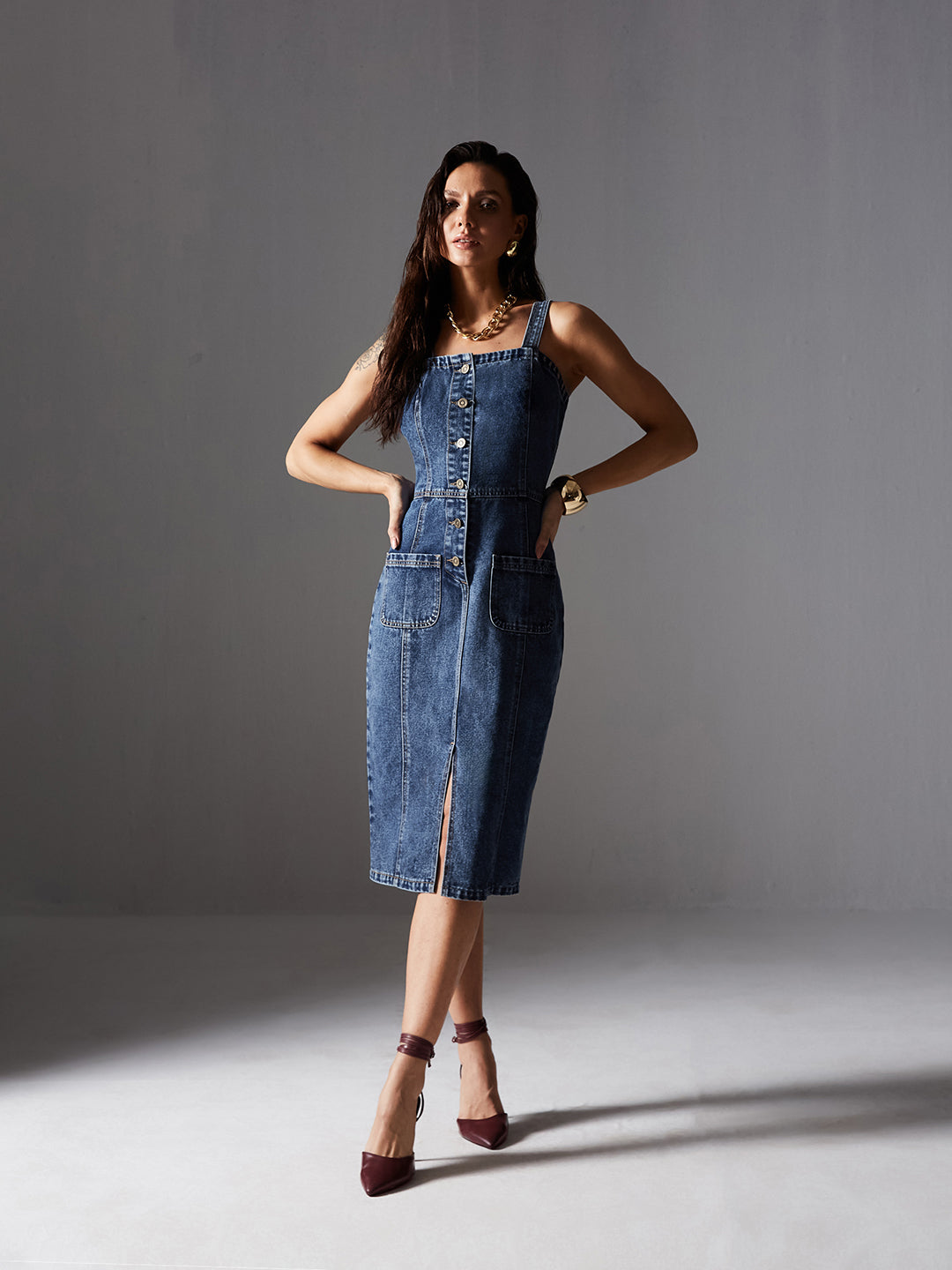 Women's Navy Blue Slim Midi Denim Dress