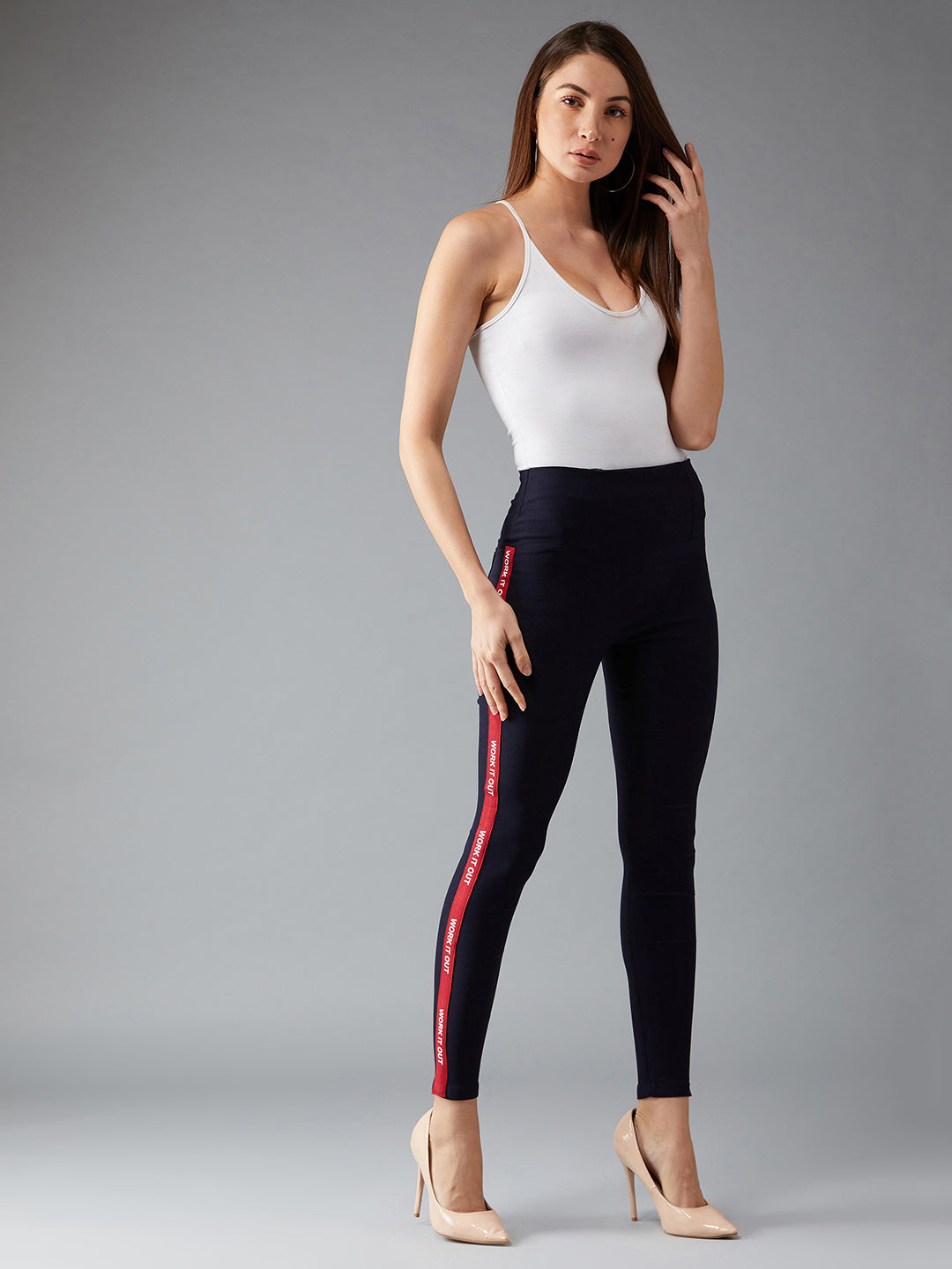 Women's Navy Blue Twill Tape Detailing Solid High-Waist Regular Length Patch Pocket Treggings