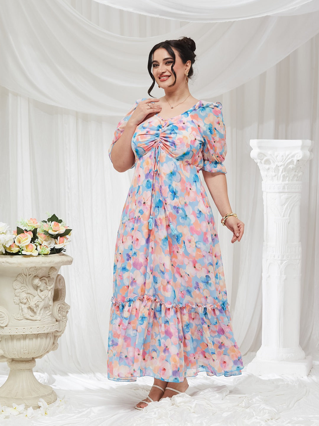 Sky Blue V-Neck Puff Sleeve Floral Ruching Ankle-Length Dress for Women