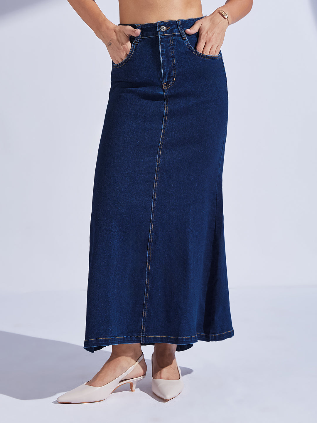 Women's Dark-Blue Flared High-Rise Stretchable Denim Maxi Skirt