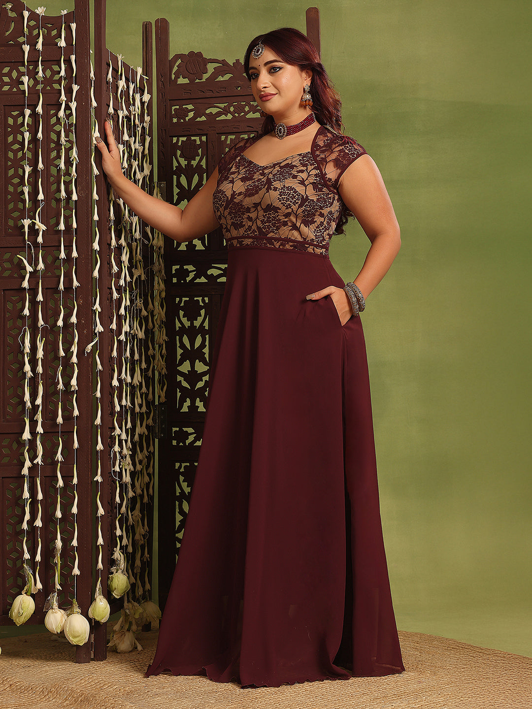 Wine Floral Cap Sleeves Fit and Flare Lace Maxi Dress for Women