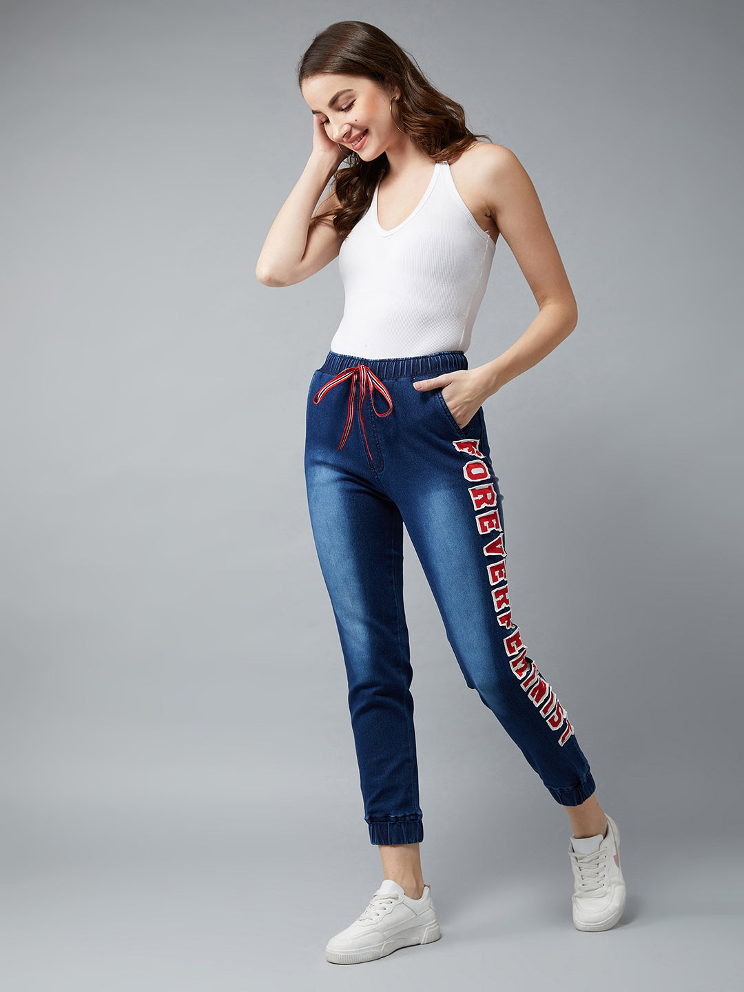 Women's Navy Blue Regular Fit Mid Rise Clean-Look Regular Length Stretchable Denim Jogger
