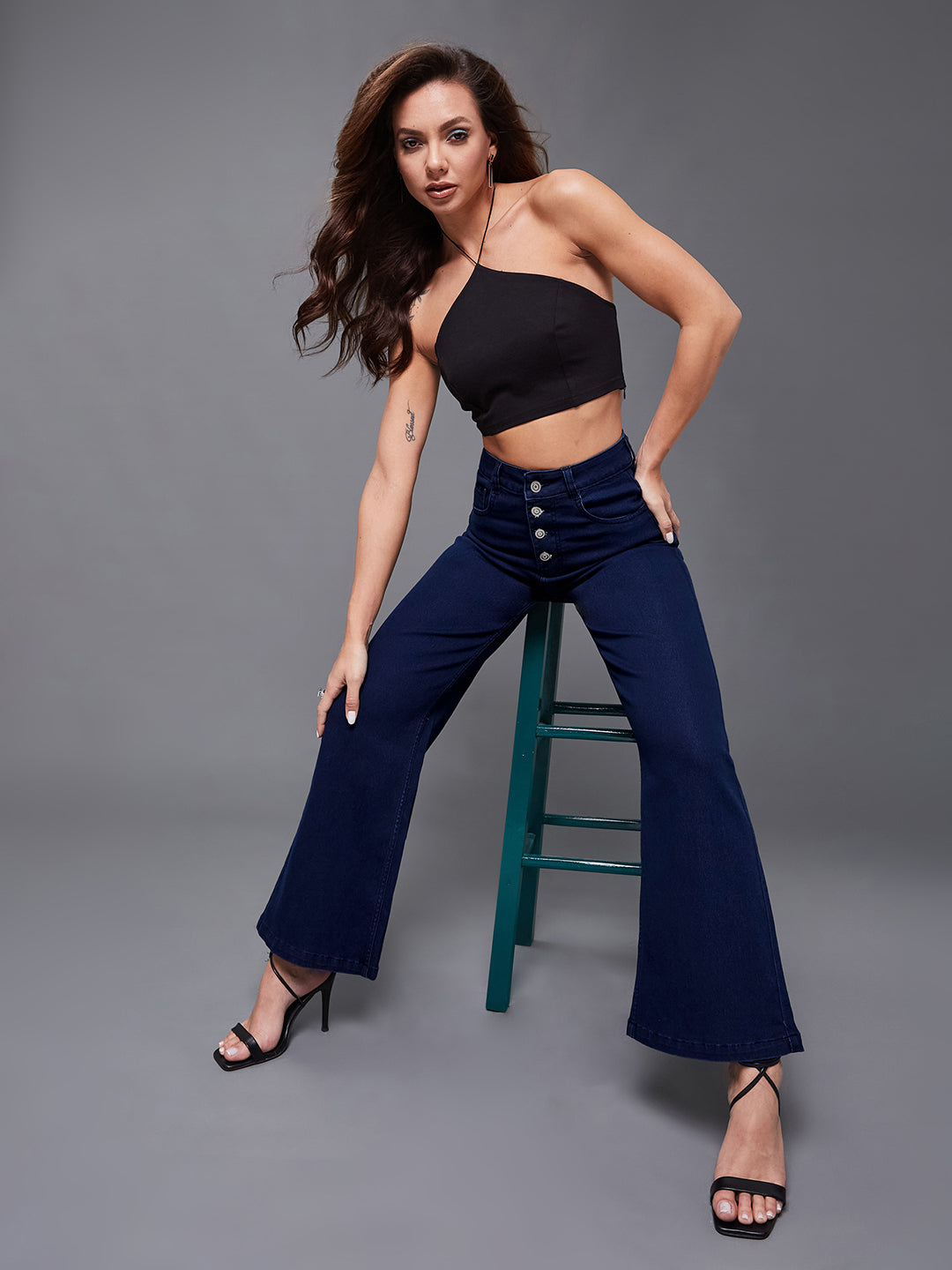 24/7 Comfort Navy-Blue Wide-Leg High-Rise Stretchable Denim Jeans