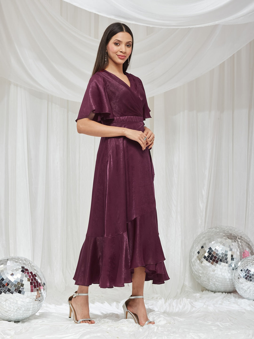 Wine V-Neck Flared Solid Overlap/Tie-Up Midi Satin Dress for Women