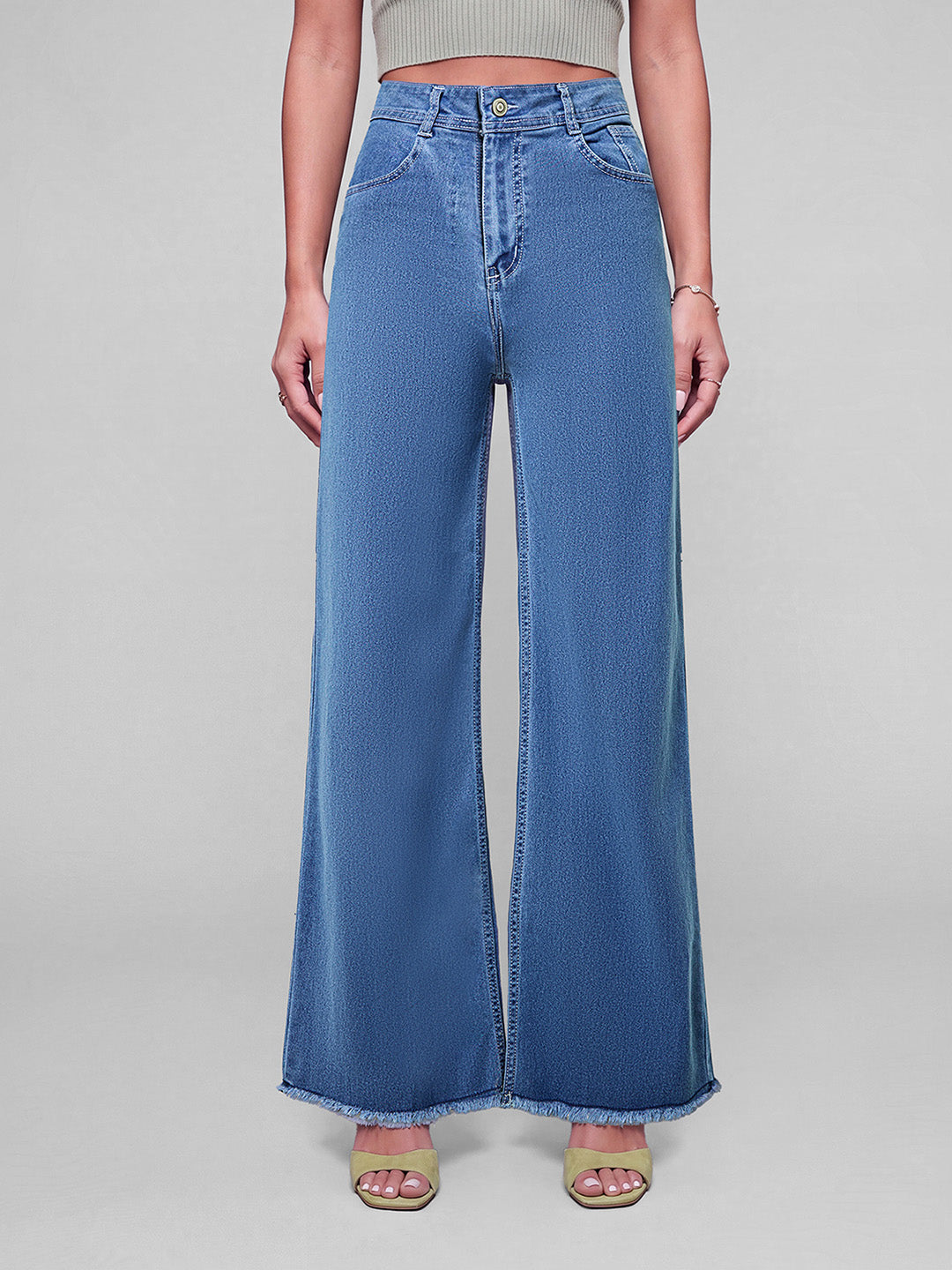 Blue Wide-Leg High-Rise Stretchable Denim Jeans for Women