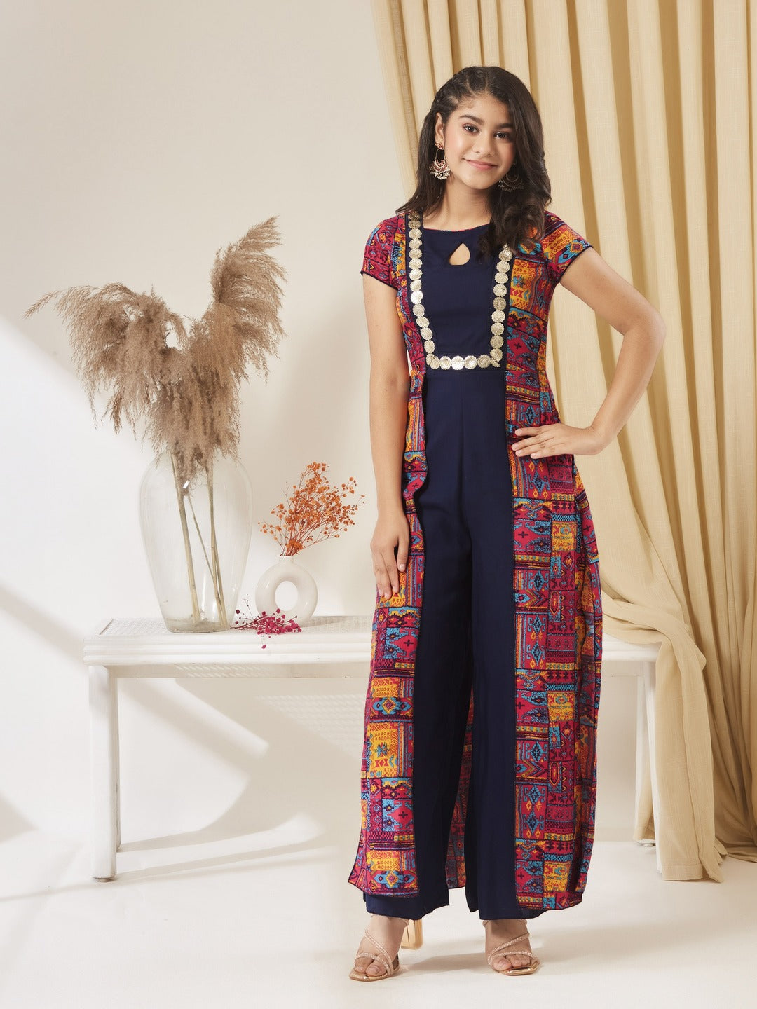 Navy Blue Keyhole-Neck Regular Sleeve Bohemian Paneled Viscose-Rayon Regular-Length Jumpsuit for Girls/Teenagers