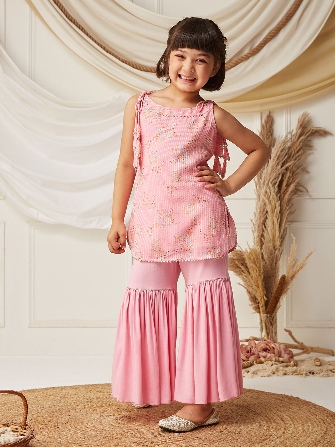 Multicolored-Base-Bubblegum Pink Round Sleeveless Embellished Kurta Set