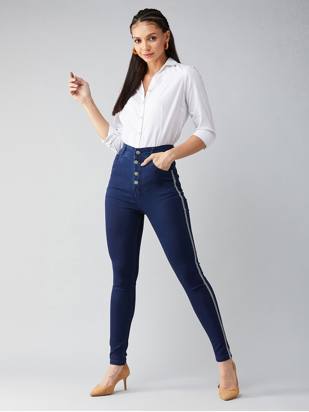 Women's Navy-Blue Cotton Skinny-Fit Relaxed High-Rise Stretchable Denim Jeans