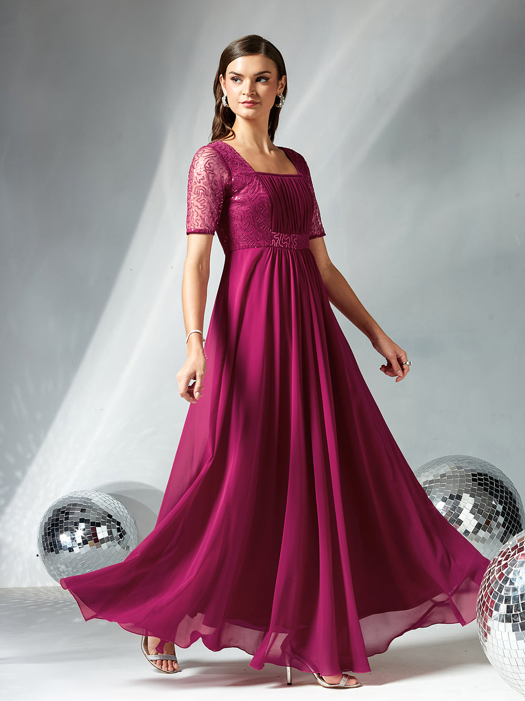 Dusty Pink Square Neck Half Sleeve Solid Embellished Maxi Dress for Women